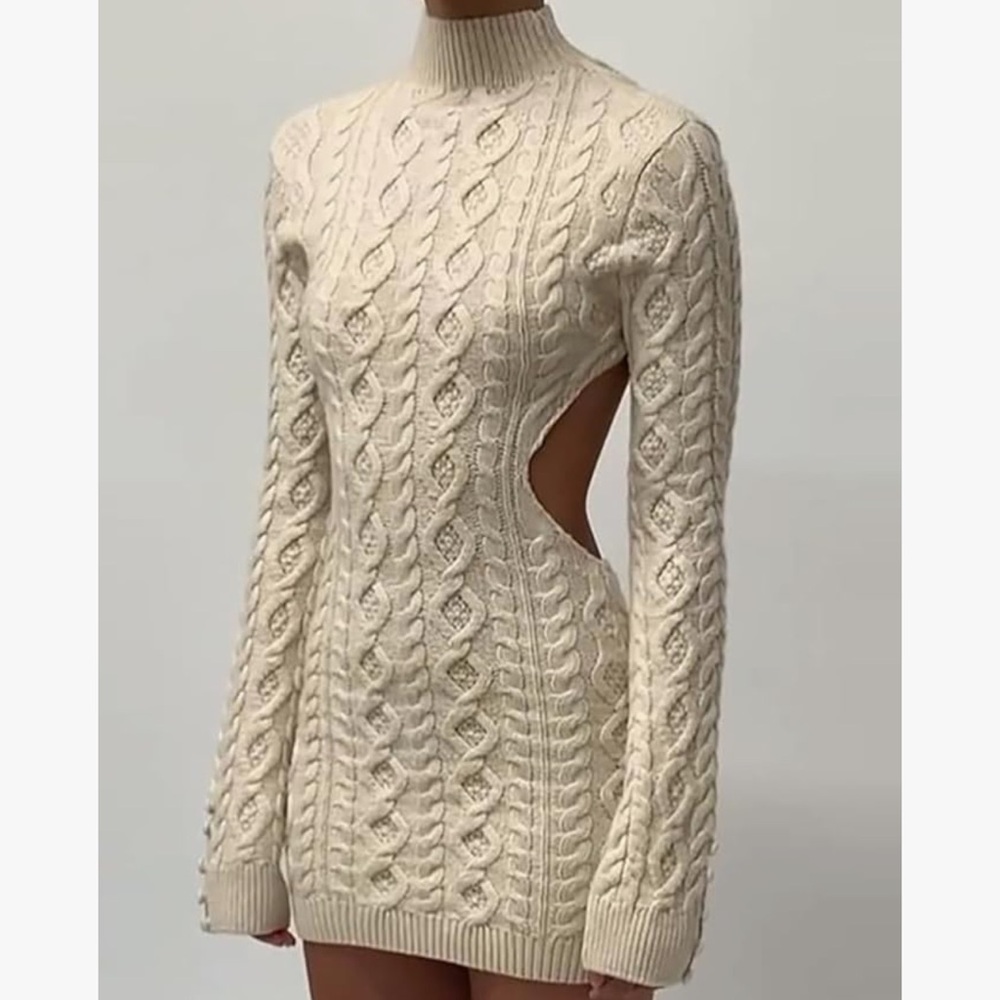 Elegant Cream Cable Knit Backless Dress - Picture 2 of 7